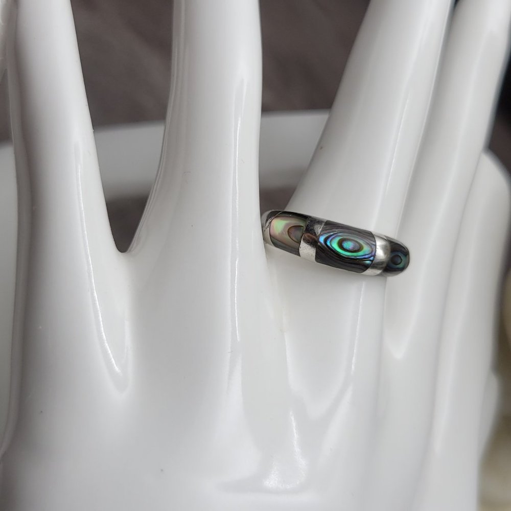 Zuni Art Ring Paua Shell Abalone Ring signed 925 Size 7 Domed Artisan Design